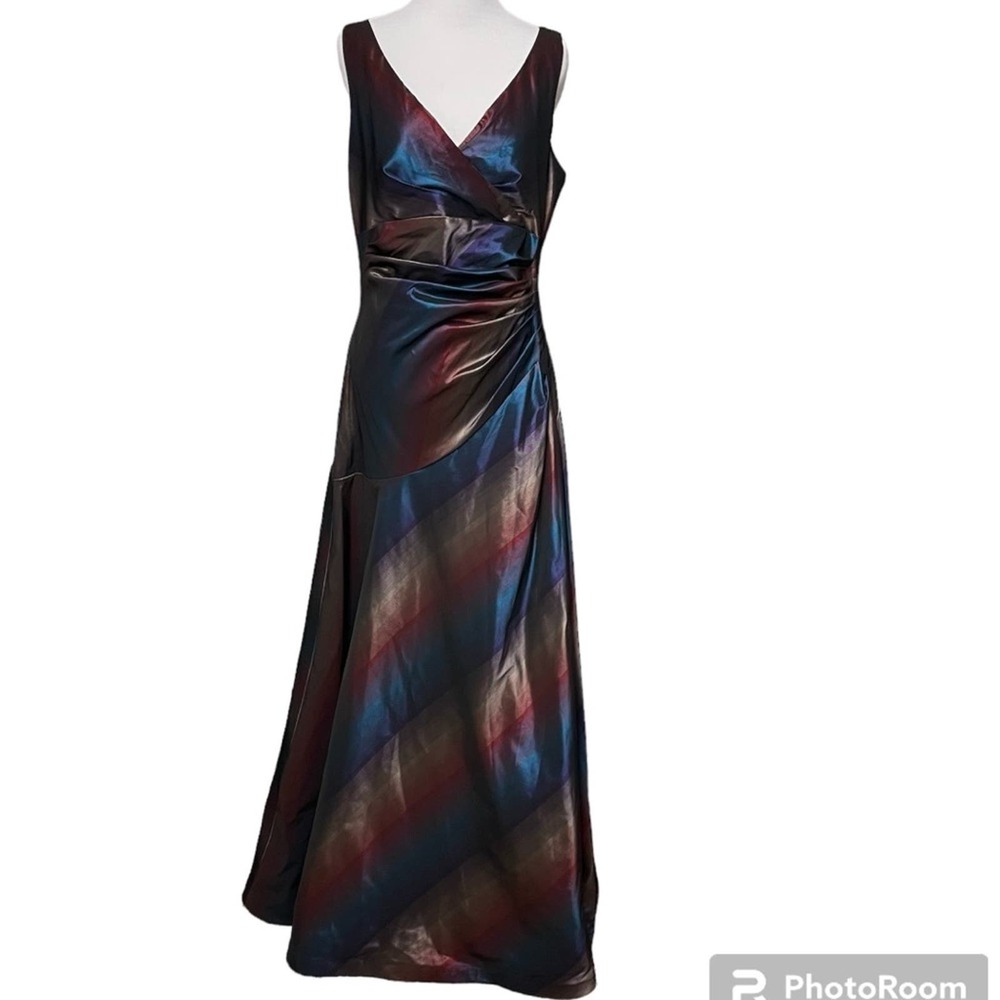 Alex Evening Gown Size 12 NWT Muted Rainbow Long Dress Navy Maroon Ruched Formal